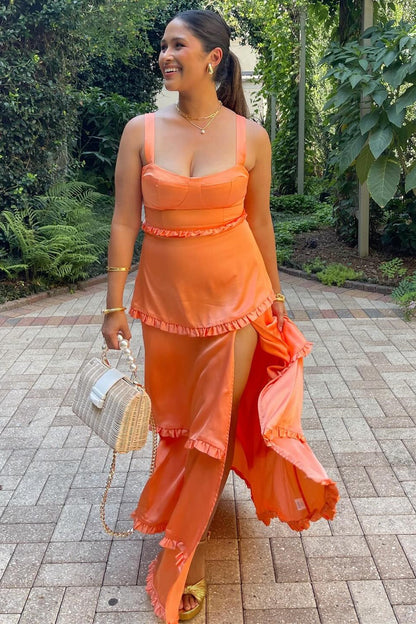 Pink Scoop Neck Lace-Up Ruffle Tiered Maxi Dress with Slit