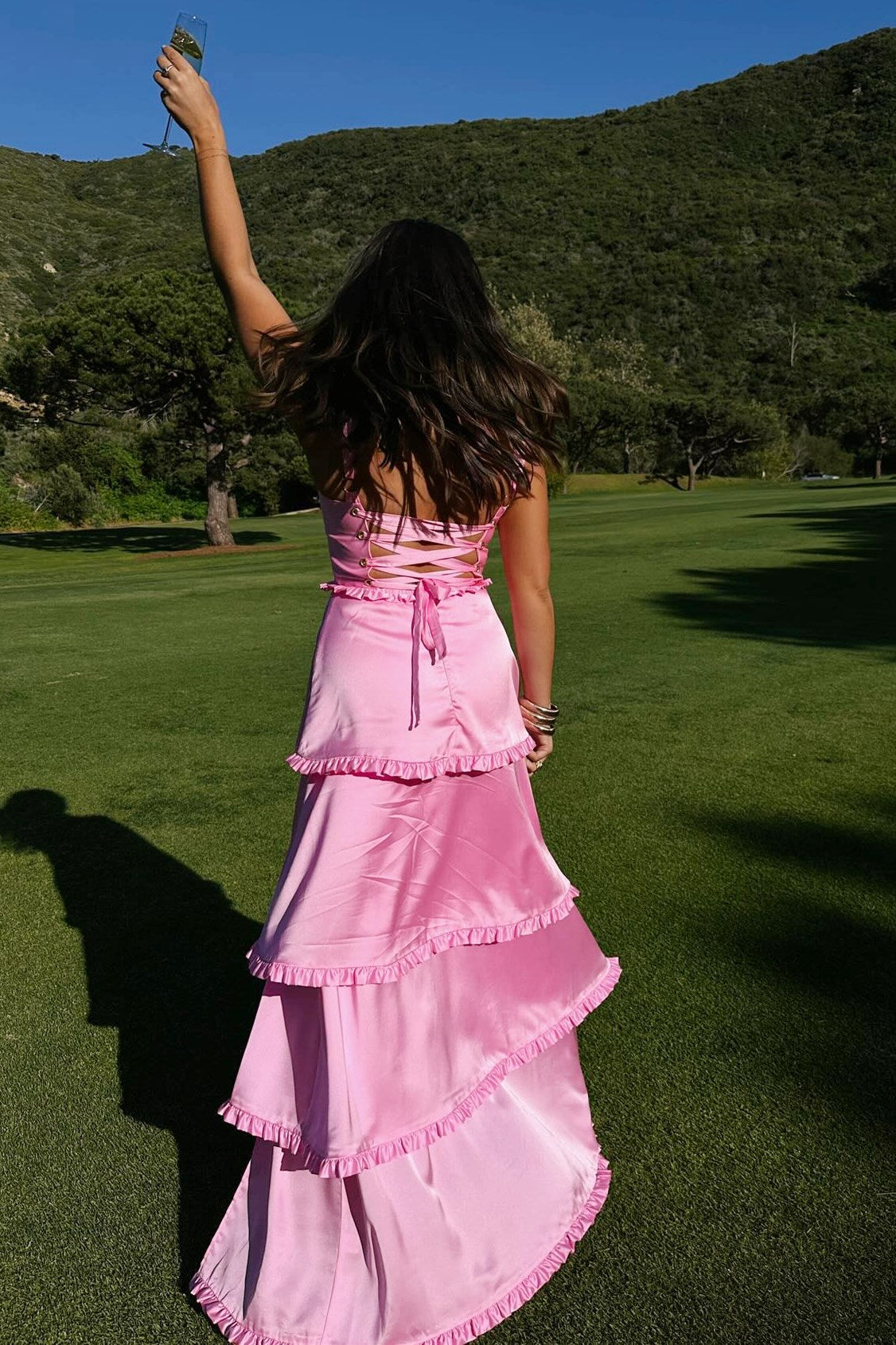 Pink Scoop Neck Lace-Up Ruffle Tiered Maxi Dress with Slit