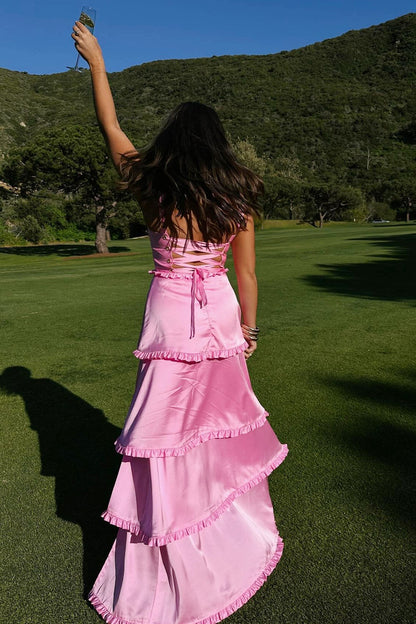 Pink Scoop Neck Lace-Up Ruffle Tiered Maxi Dress with Slit