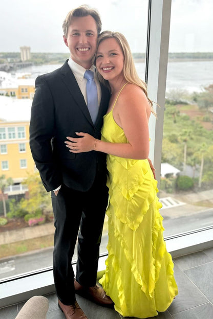Lime Green V-Neck Spaghetti Strap Ruffle Maxi Dress