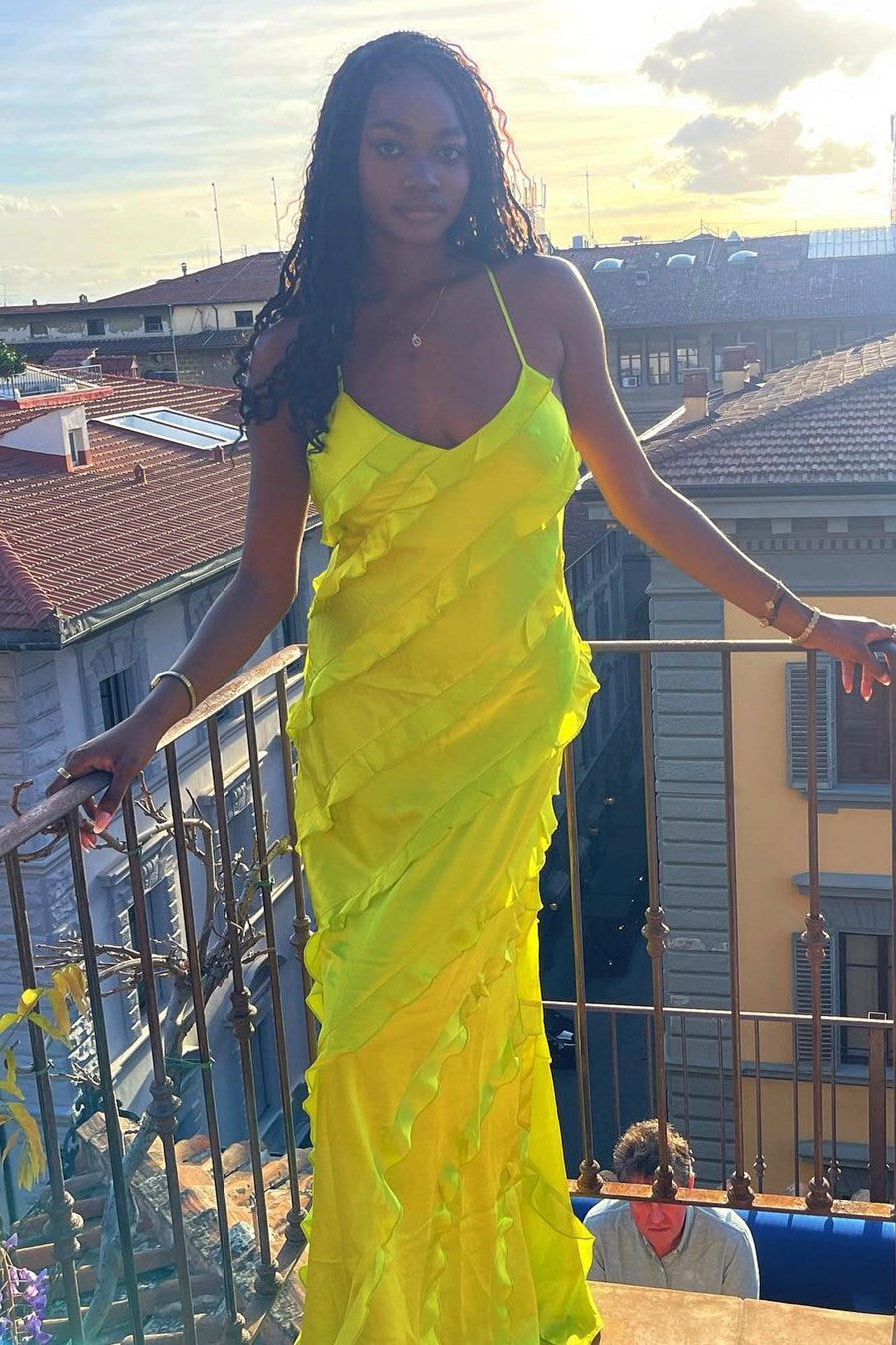 Lime Green V-Neck Spaghetti Strap Ruffle Maxi Dress