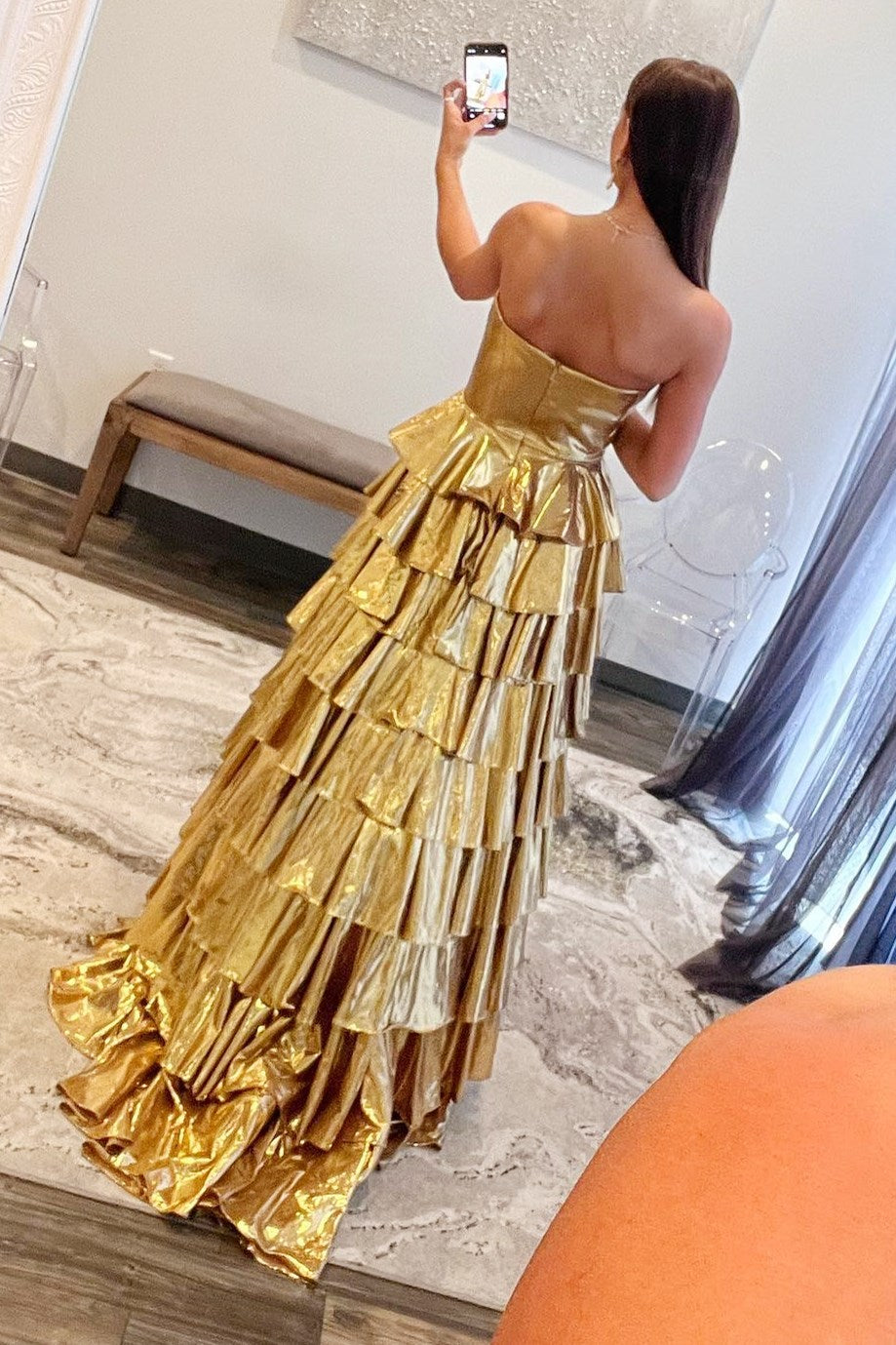 A-Line Metallic Empire-Waist Sweetheart Ruffle Tiered Long Prom Dress
