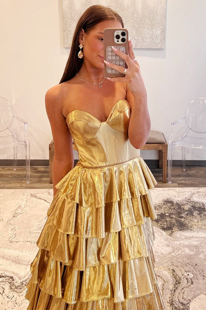 A-Line Metallic Empire-Waist Sweetheart Ruffle Tiered Long Prom Dress