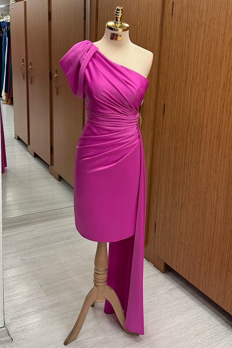 Fuchsia One-Shoulder Ruched Midi Dress with Attached Train