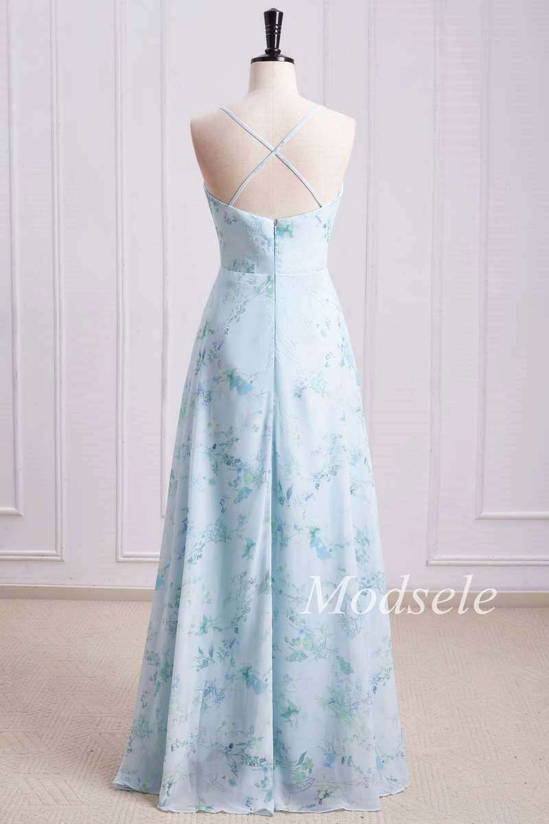 Floral Print Cowl Neck Cross-Back Chiffon Bridesmaid Dress