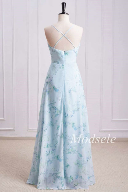 Floral Print Cowl Neck Cross-Back Chiffon Bridesmaid Dress