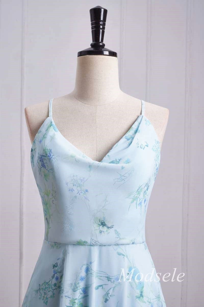 Floral Print Cowl Neck Cross-Back Chiffon Bridesmaid Dress