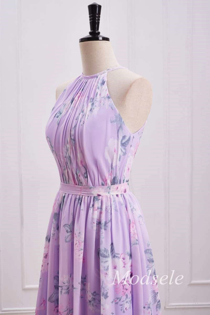 Purple Floral Print Halter Long Bridesmaid Dress