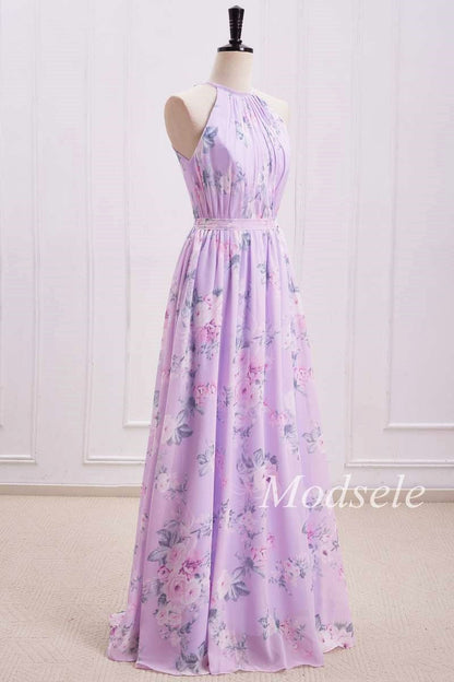 Purple Floral Print Halter Long Bridesmaid Dress