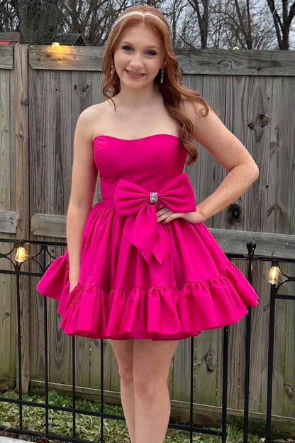 Strapless Ruffle Sleeveless A-Line Short Homecoming Dress with Bow