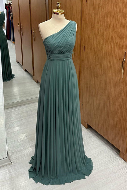 Dusty Sage One-Shoulder A-Line Chiffon Bridesmaid Dress