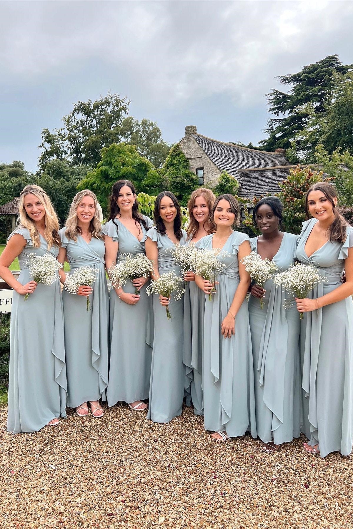 Dusty Blue Surplice Chiffon Bridesmaid Dress with Flared Sleeves