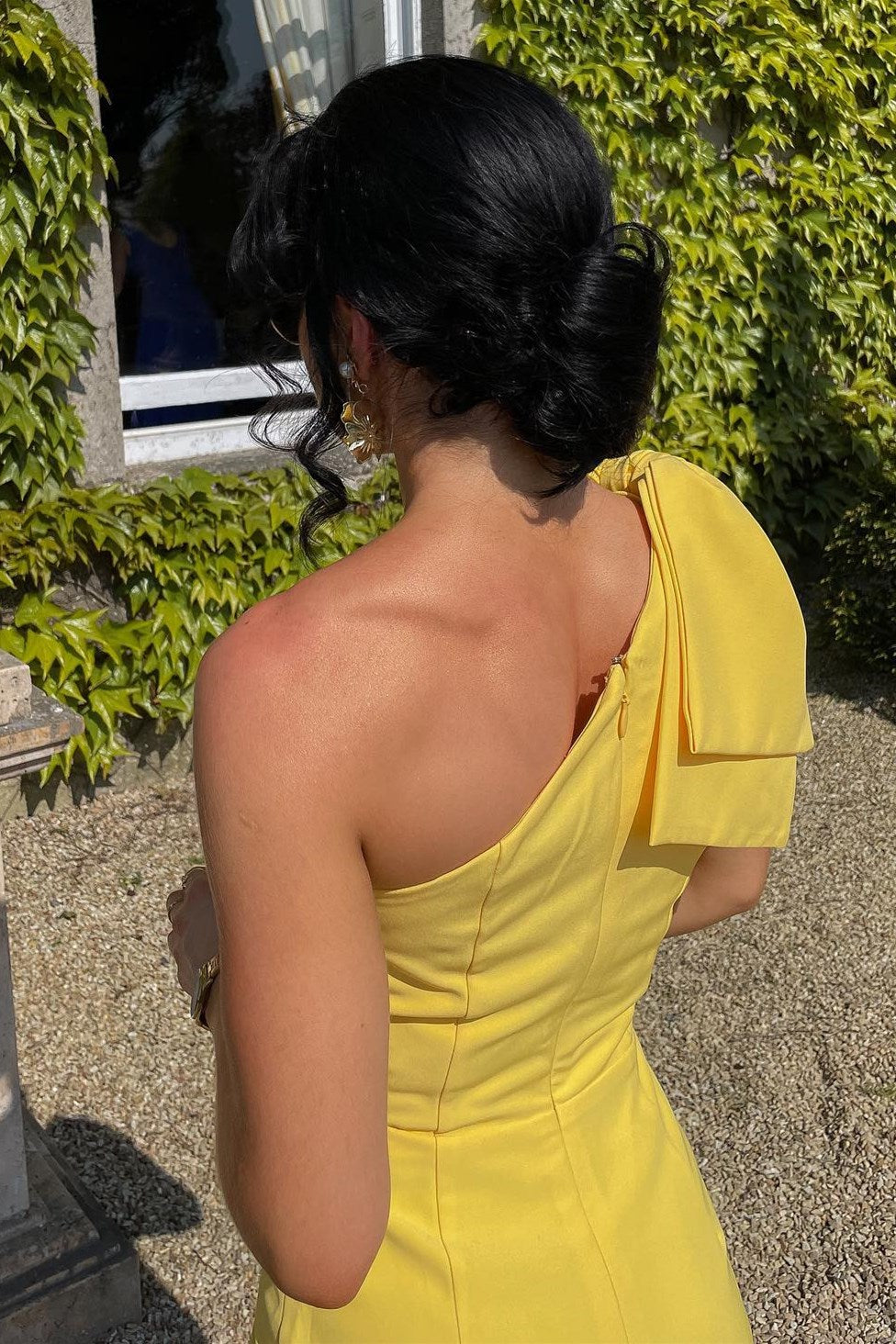 One-Shoulder Yellow Mermaid Midi Wedding Guest Dress