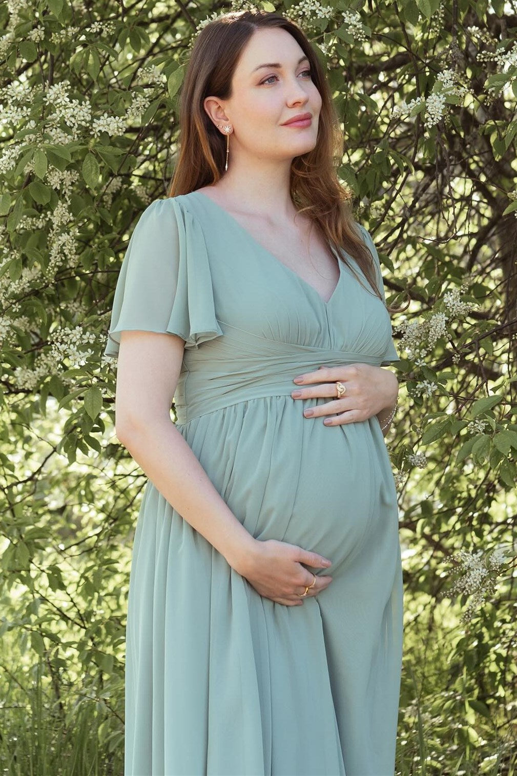 Dusty Sage V-Neck Maternity Bridesmaid Dress with Flared Sleeves