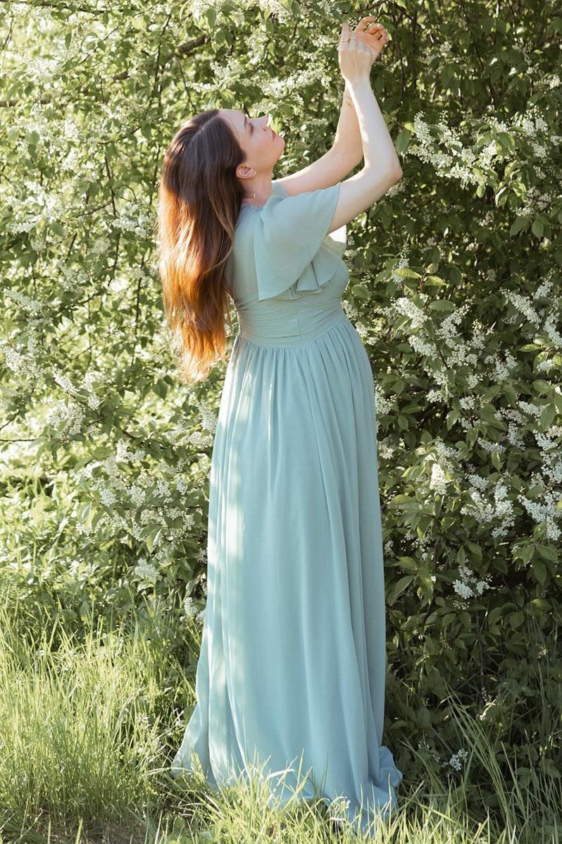 Dusty Sage V-Neck Maternity Bridesmaid Dress with Flared Sleeves