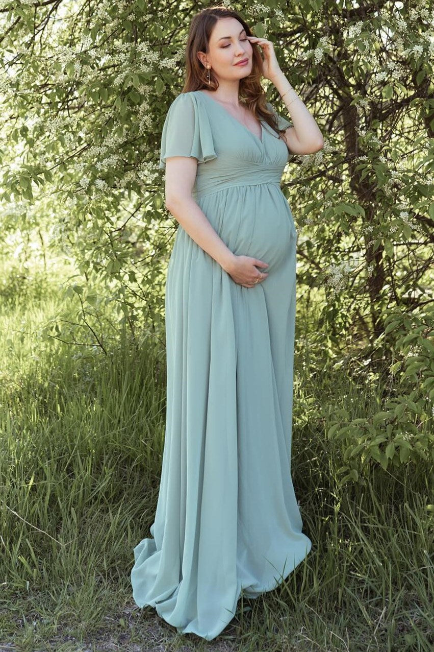 Dusty Sage V-Neck Maternity Bridesmaid Dress with Flared Sleeves