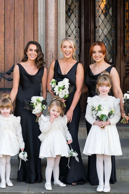 Elegant Black Straps Cowl Neck Satin Sleeveless Long Bridesmaid Dress