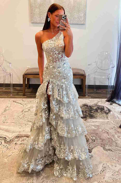One Shoulder A-Line Tiered Sequins Appliques High Slit Prom Dress Long