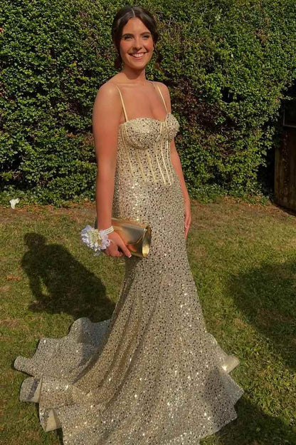 Mermaid Spaghetti Straps Glitter Mermaid Long Prom Formal Dress