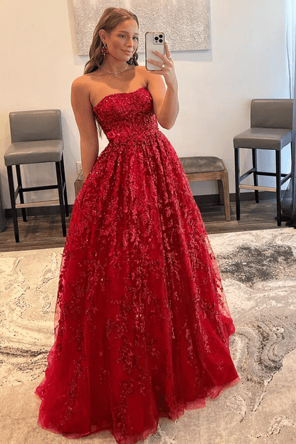 A-Line Strapless Empire-Waist Sleeveless Appliques Long Prom Dress