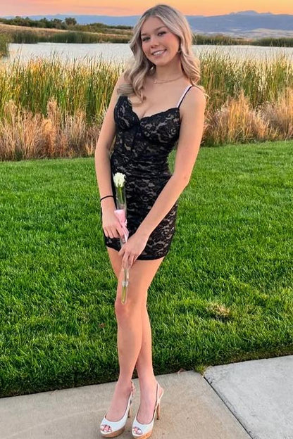 Black Lace Spaghetti Straps V-Neck Bodycon Sleeveless Homecoming Dress