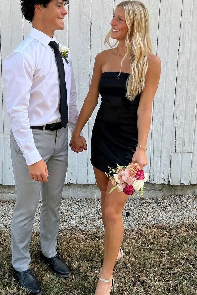 Simple Strapless Scoop Neck Satin Sleeveless Bodycon Homecoming Dress