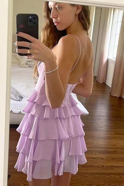 Lilac Spaghetti Straps V-Neck Layered Chiffon Short Homecoming Dress