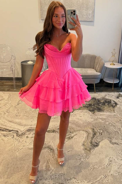 A-Line Strapless Empire-Waist V-Neck Ruffles Short Cocktail Homecoming Dress