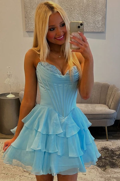 A-Line Strapless Empire-Waist V-Neck Ruffles Short Cocktail Homecoming Dress