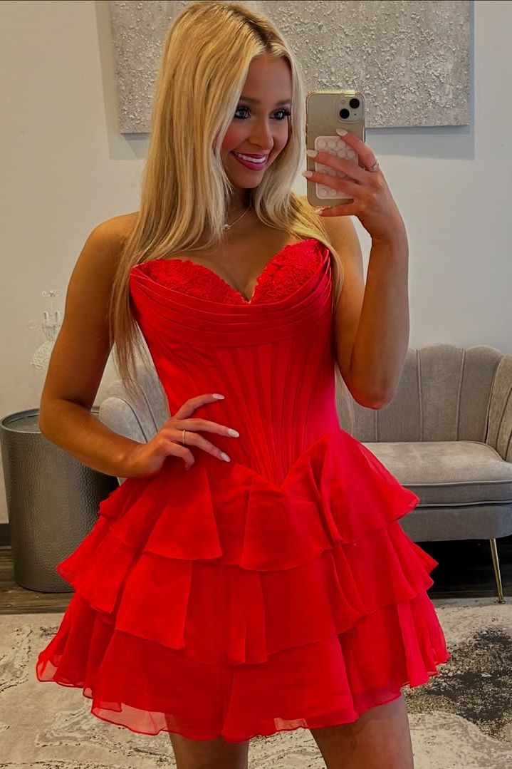 A-Line Strapless Empire-Waist V-Neck Ruffles Short Cocktail Homecoming Dress