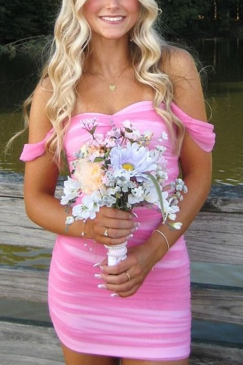Pink Off-Shoulder Sweetheart Pleats Tight Party Homecoming Dress