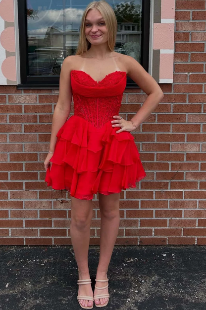 Strapless A-Line Empire-Waist V-Neck Layered Short Homecoming Dress