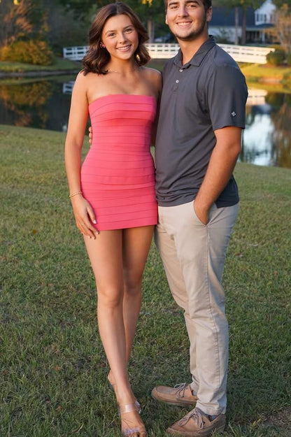 Strapless Pleated Sleeveless Satin Bodycon Mini Homecoming Dress