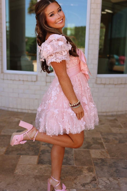 Pink A-Line Short Sleeves Empire-Waist Appliques Short Homecoming Dress