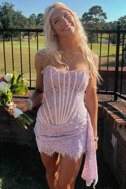 Pink Strapless Lace Appliques Pleats Sleeveless Mini Homecoming Dress