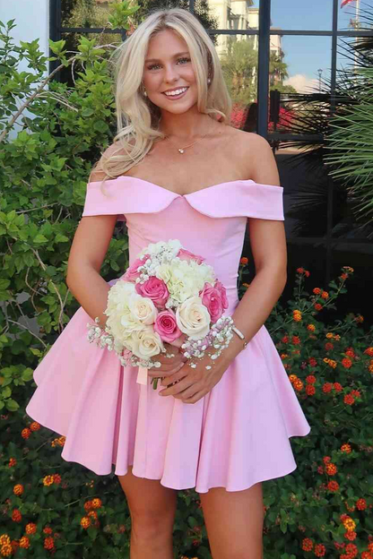 Pink Off-Shoulder A-Line Empire-Waist Pleated Satin Short Homecoming Dress