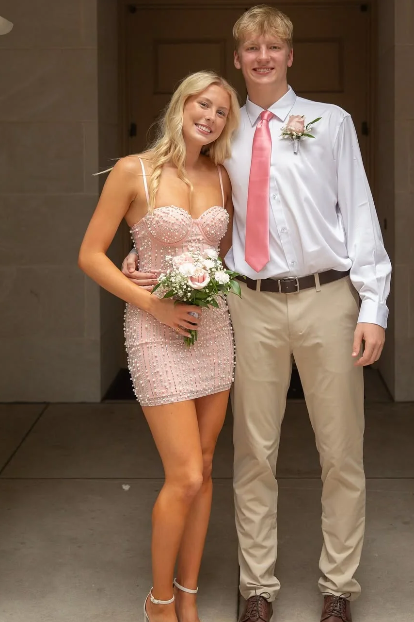 Charming Spaghetti Straps Pink Beaded Sweetheart Tight Homecoming Dress