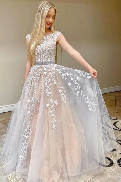 A-Line High Neck Lace Appliques Empire-Waist Sleeveless Prom Dress