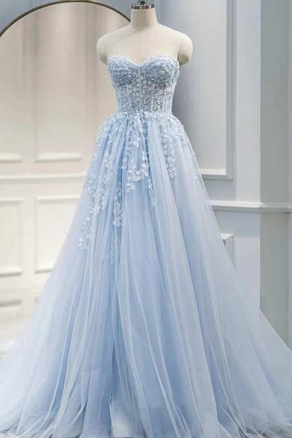 Light Blue Strapless A-Line Appliques Sweetheart Tulle Prom Dress