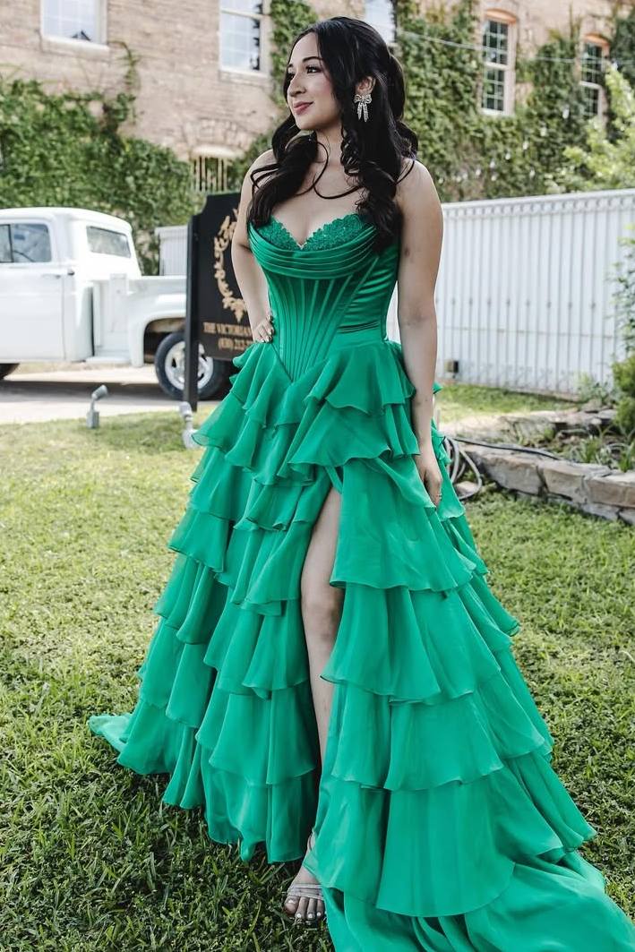 A-Line Strapless V-Neck Tiered Empire-Waist Long Prom Dress