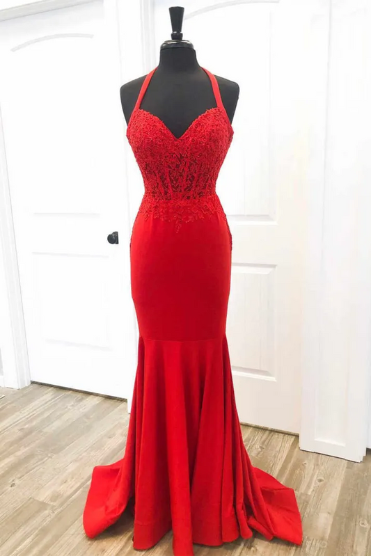 Halter V-Neck Appliques Sleeveless Mermaid Ruched Long Prom Dress