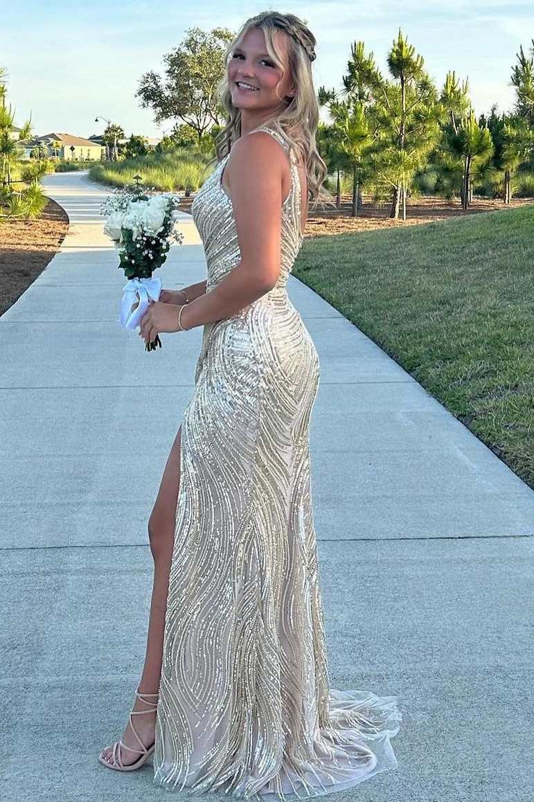 One Shoulder Sleeveless Sequins High Slit Long Prom Dress