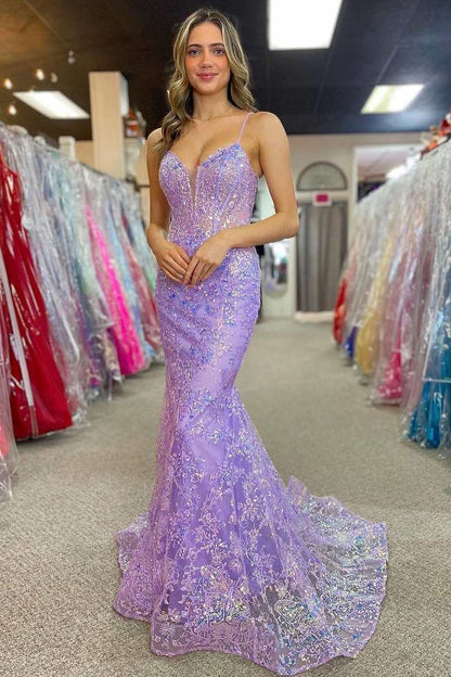 Mermaid Spaghetti Straps V-Neck Appliques Long Prom Dress