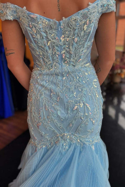 Off-Shoulder V-Neck Appliques Mermaid Long Formal Prom Dress with Slit