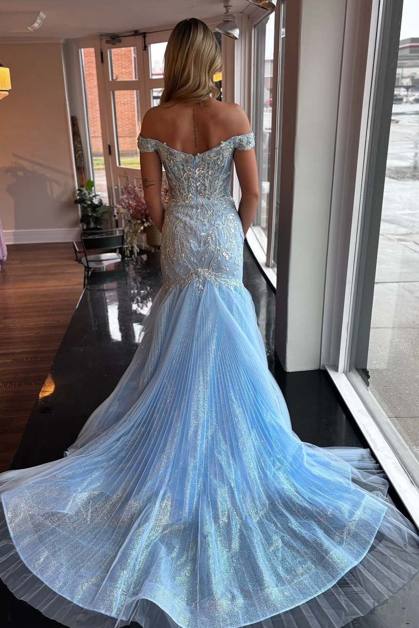 Off-Shoulder V-Neck Appliques Mermaid Long Formal Prom Dress with Slit