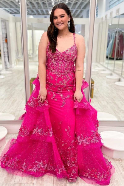 Stunning V-Neck Lace Appliques Detachable Train Formal Prom Dress
