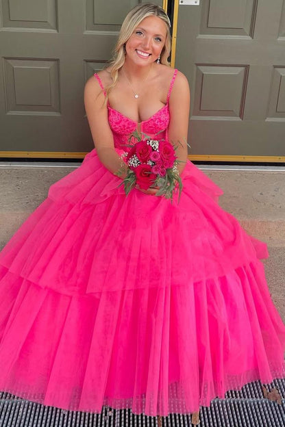Spaghetti Straps V-Neck Empire-Waist Layered Tulle Long Prom Dress