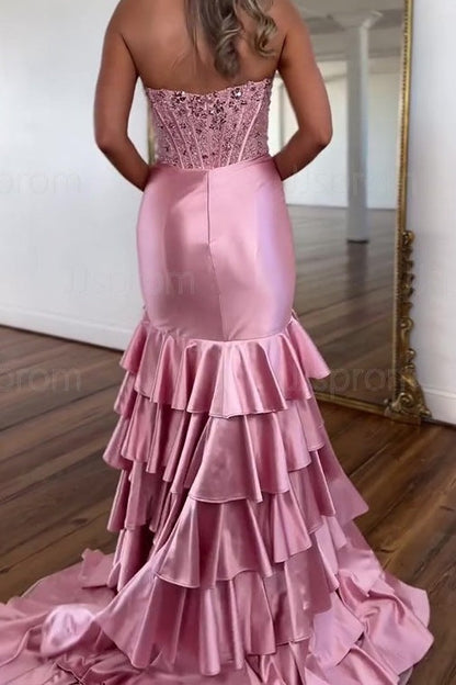 Pink Strapless Scoop Layered Pleated Mermaid Prom Dress with Slit