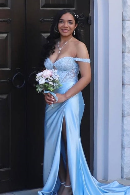 Off-Shoulder Sweetheart Appliques Pleated Side Slit Mermaid Prom Dress