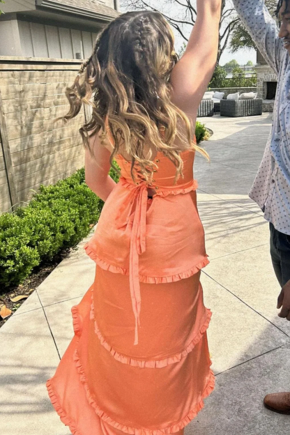 A-Line Straps Layered Satin Formal Prom Dress with Slit